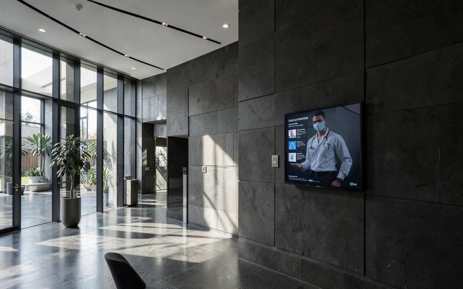 Clinician information screen in a modern hospital atrium