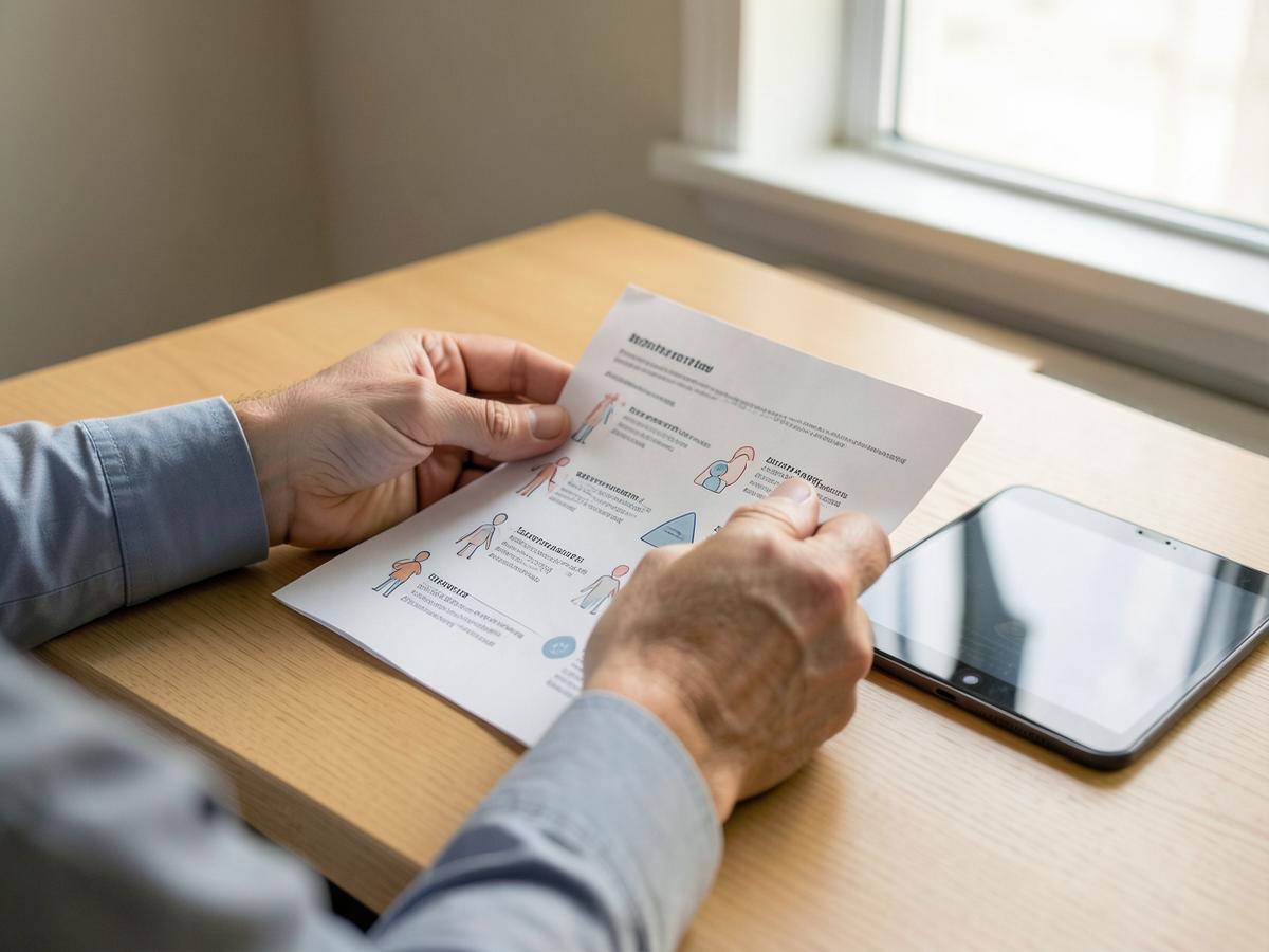 Clinician reviewing a printed medical infographic beside a tablet