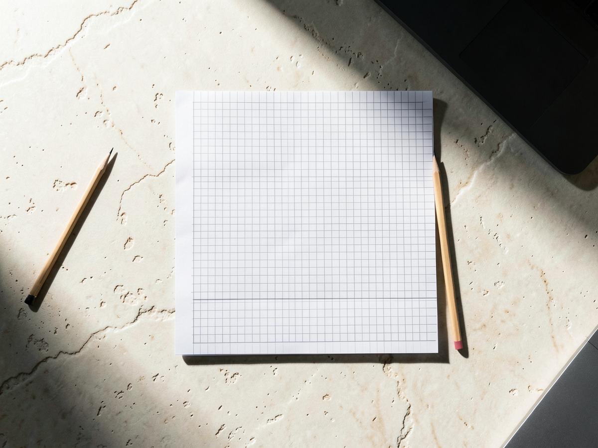 Sheet of grid paper and pencils on a warm stone desk in raking light