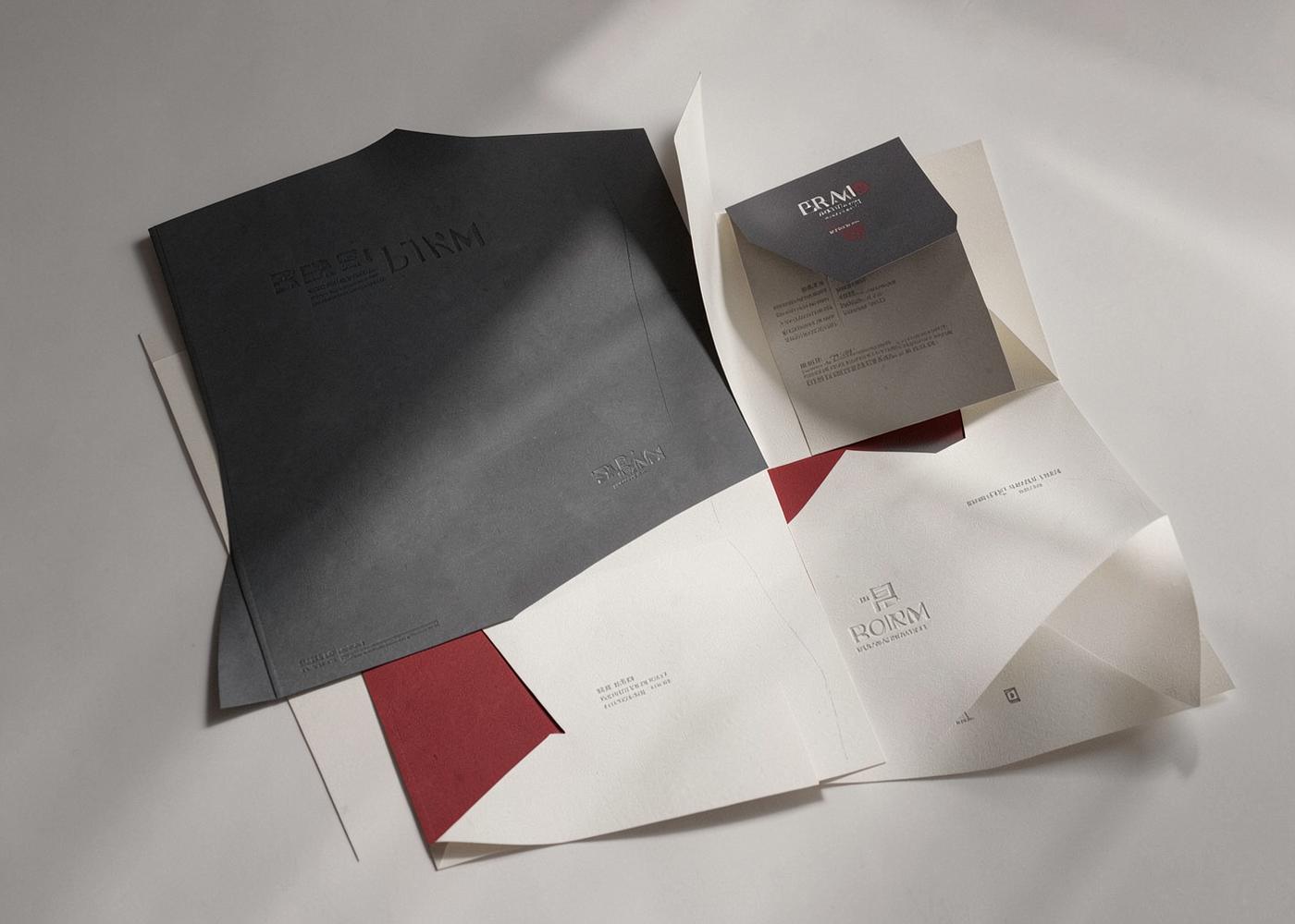 Brand identity print collateral including folders, cards and stationery