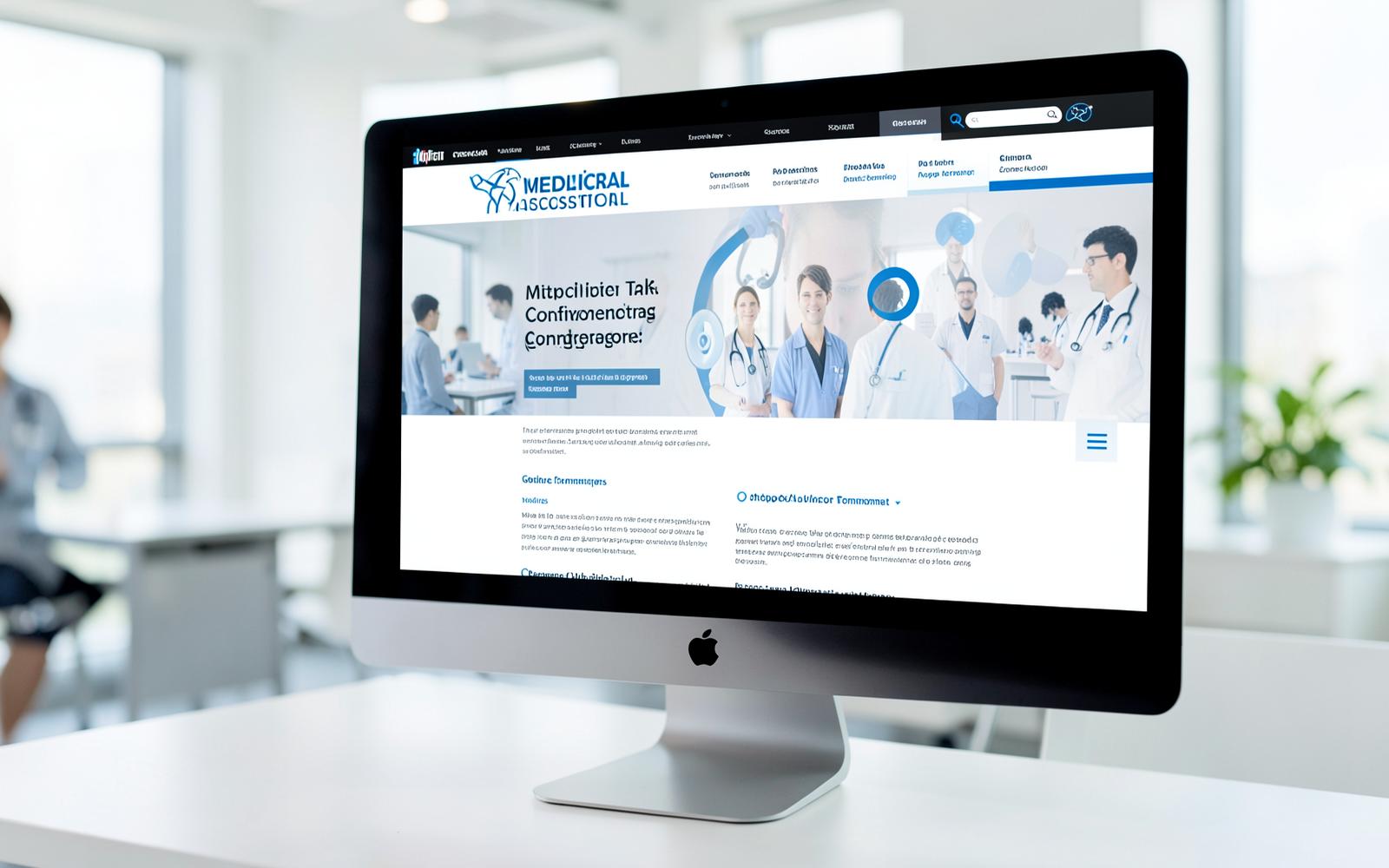 Global medical association website displayed on a desktop screen in a bright office